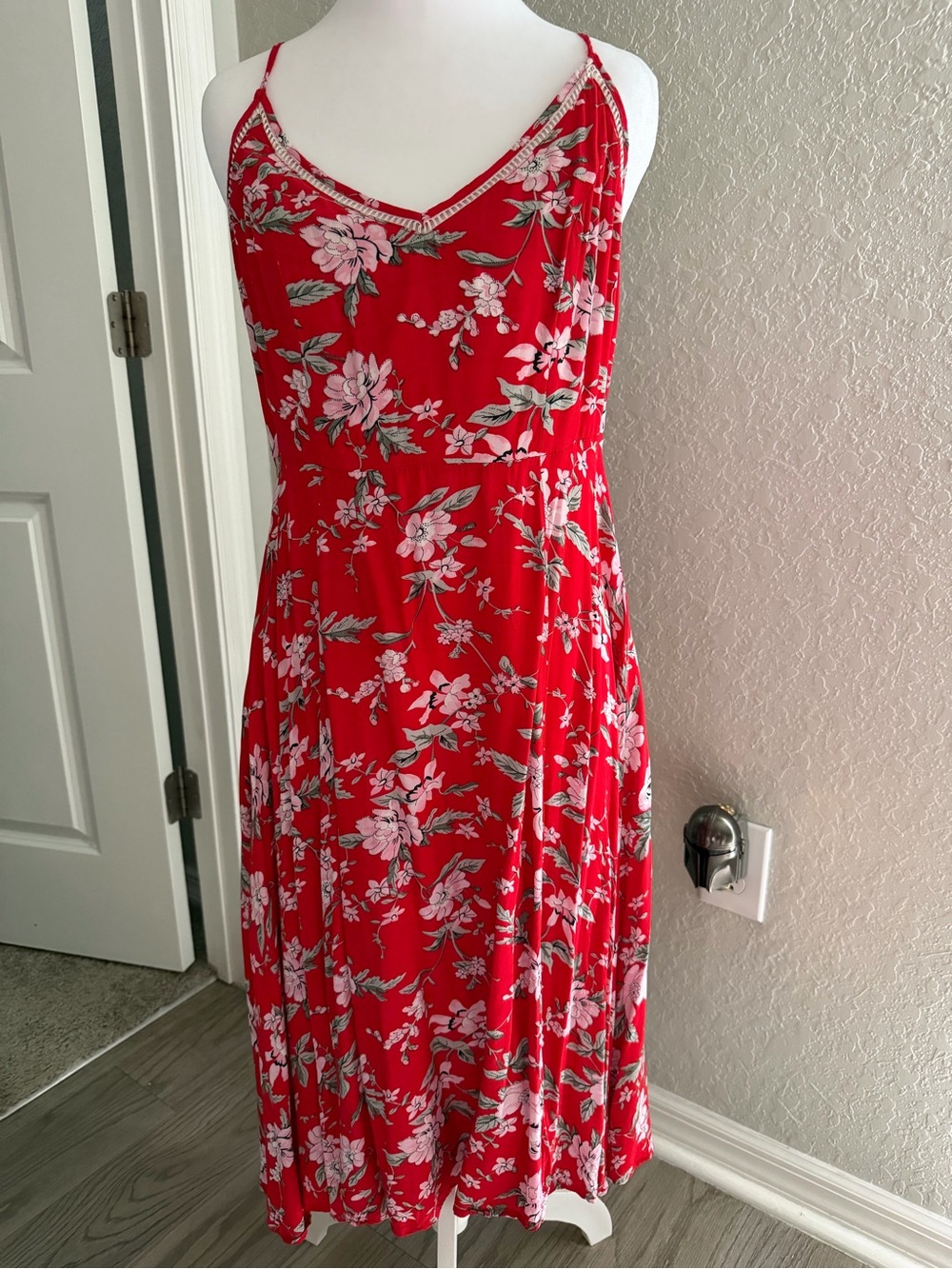 Lulu's Red Floral Slip Midi Dress with Spaghetti Straps